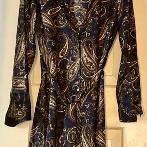 Susan Graver Navy Paisley Long-Sleeve Button Front Dress